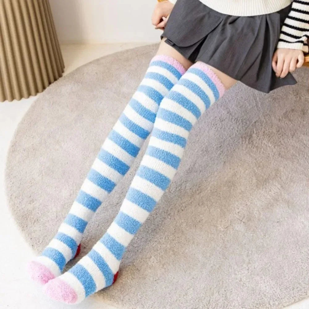 Coral Velvet Striped Thigh-High Socks (Colors) - Puppy's Aesthetics