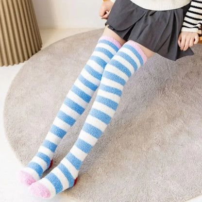 Coral Velvet Striped Thigh-High Socks (Colors) - Puppy's Aesthetics