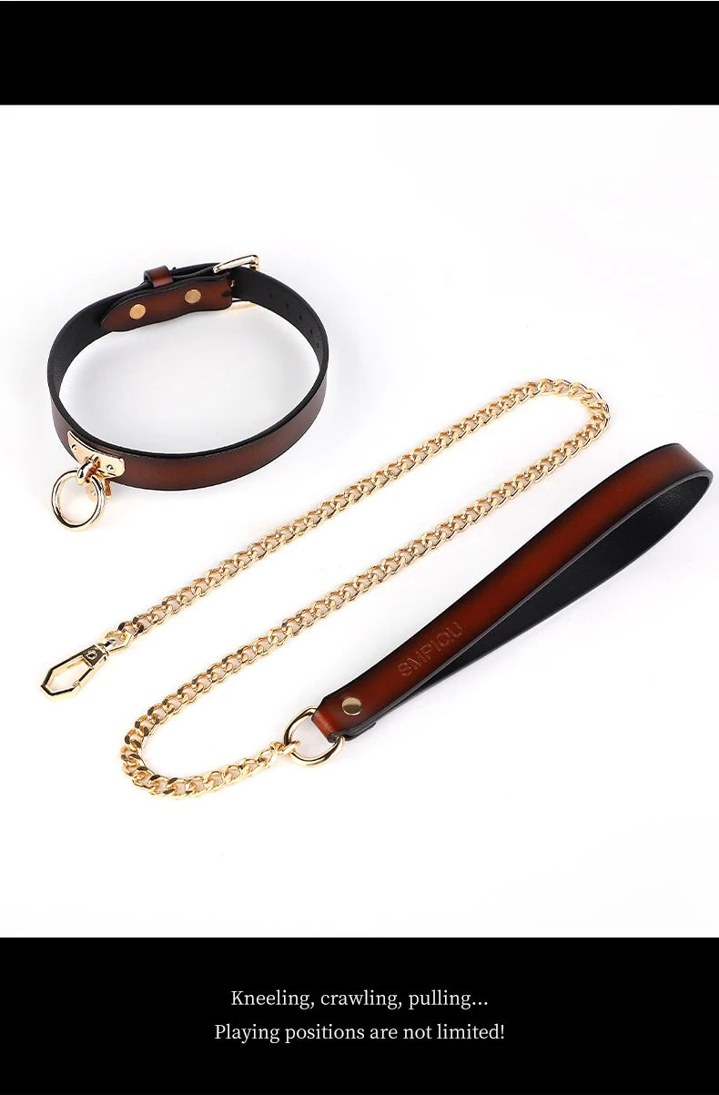 Genuine BDSM Leather Collar with Leash