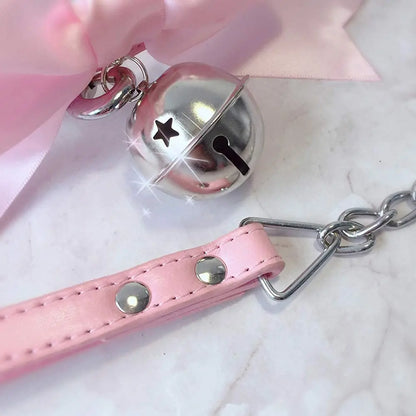 Cute Pink Ribbon Bell Collar + Leash (Colors)