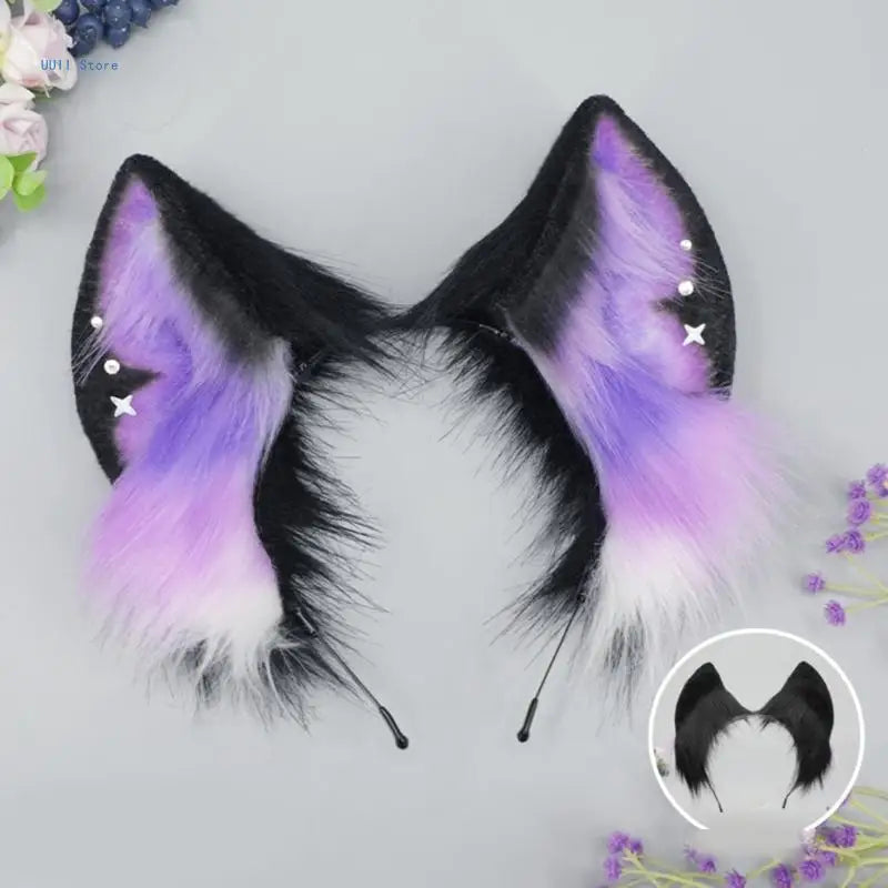 Pair of black and purple fox ears with floral decorations on a light gray background