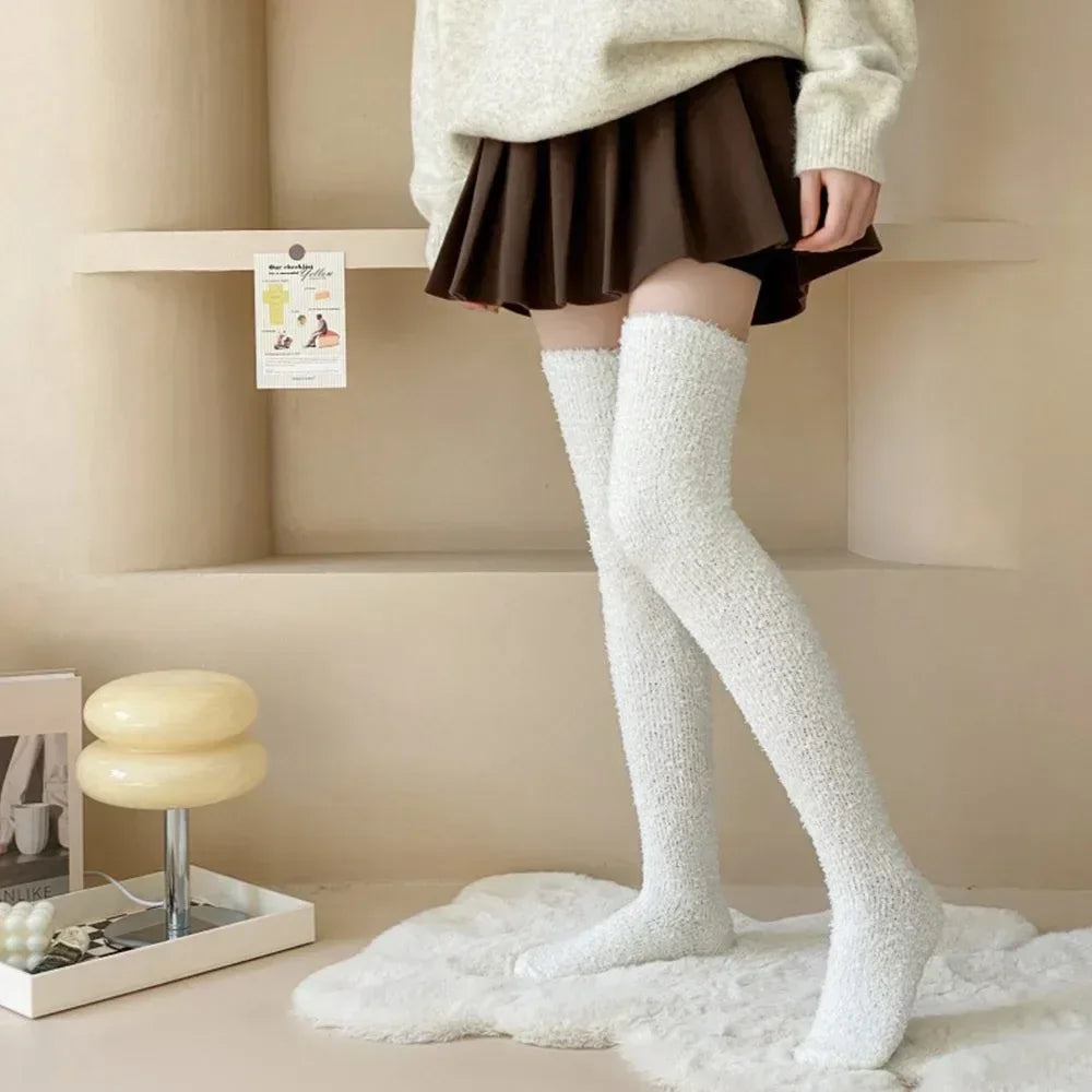 Coral Velvet Striped Thigh-High Socks (Colors) - Puppy's Aesthetics