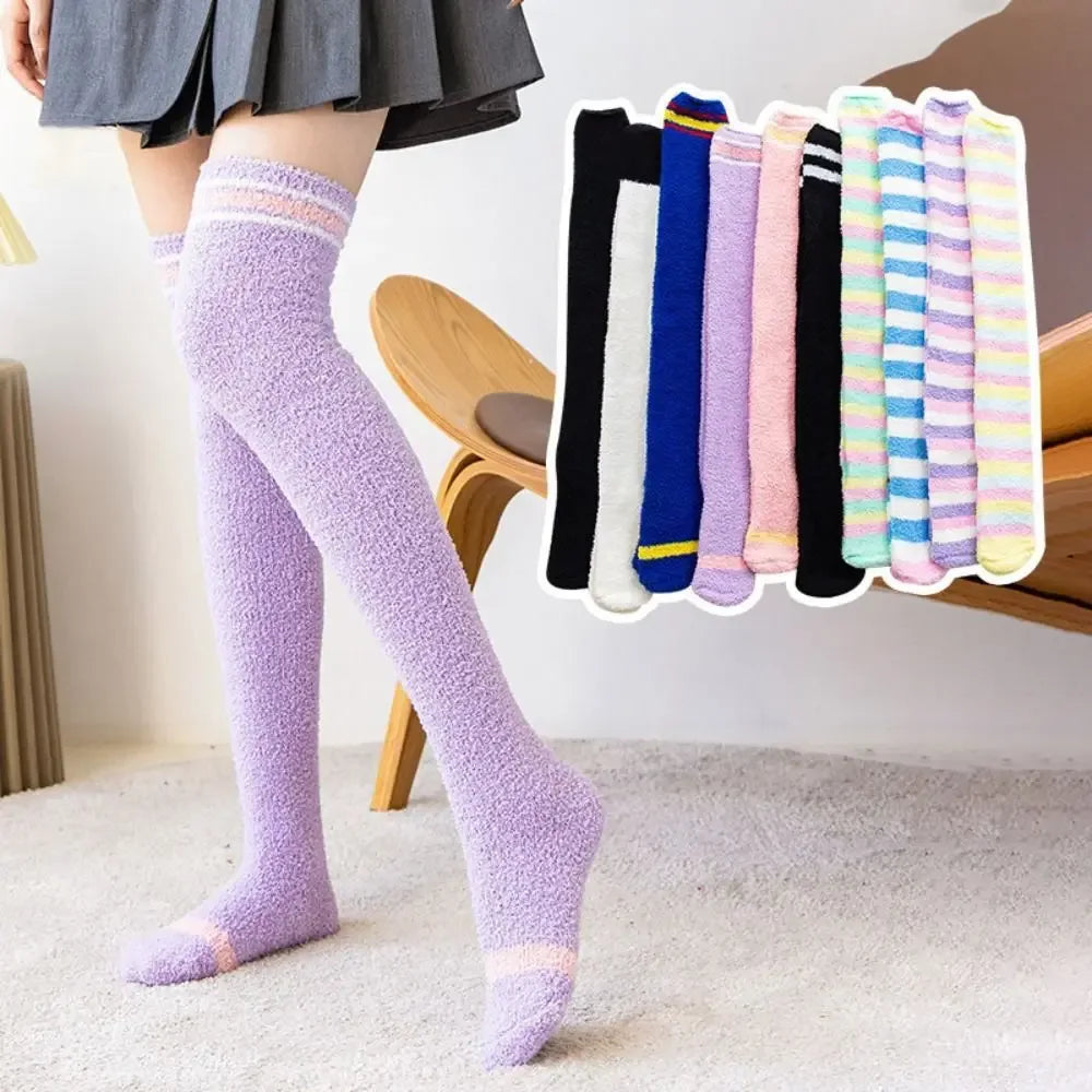 Coral Velvet Striped Thigh-High Socks (Colors) - Puppy's Aesthetics