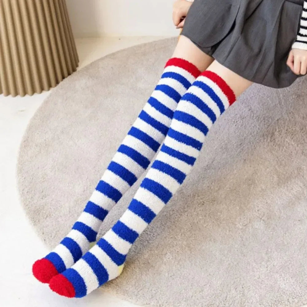 Coral Velvet Striped Thigh-High Socks (Colors) - Puppy's Aesthetics