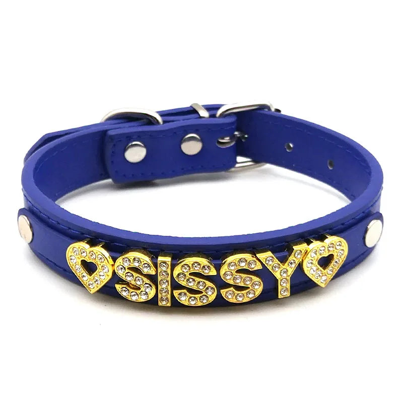 Sissy Rhinestone Blue Leather Collar