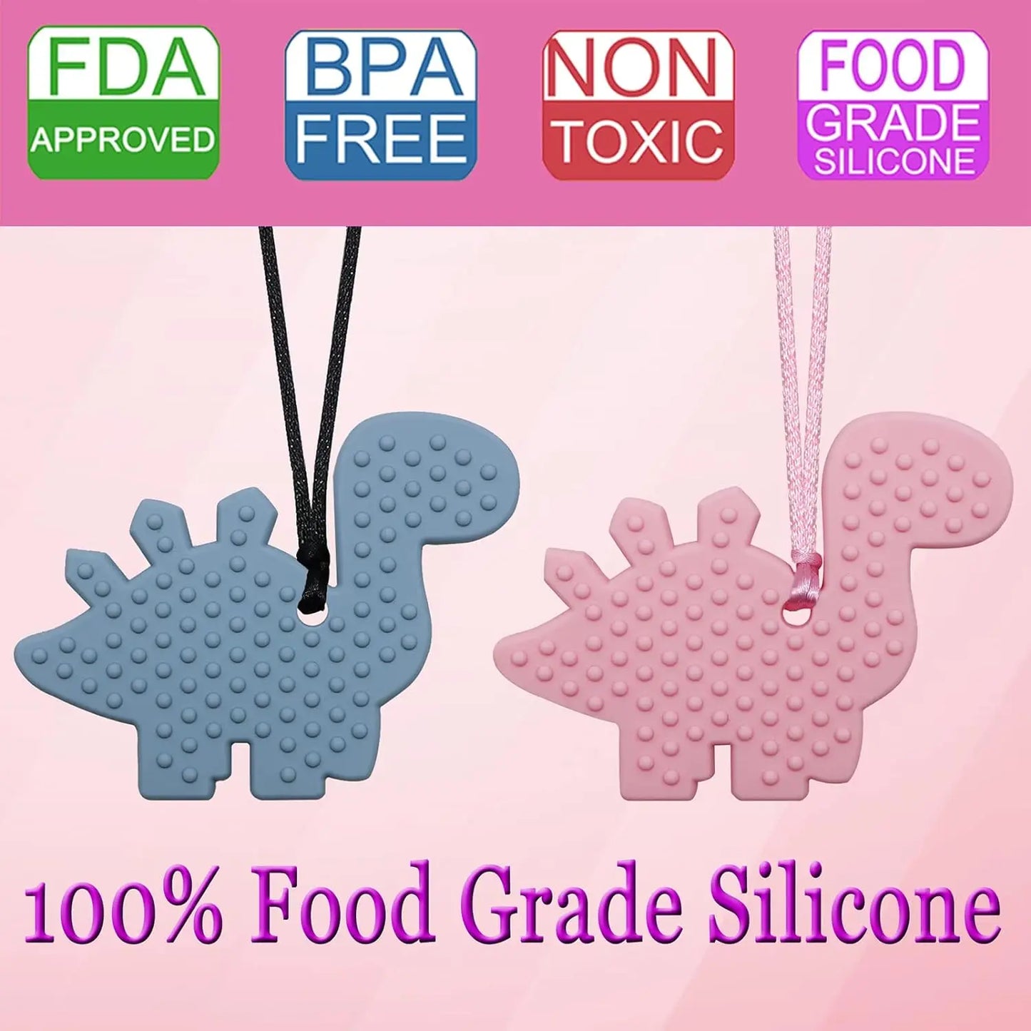 2Pcs Silicone Dinosaur Chew Teether Necklace