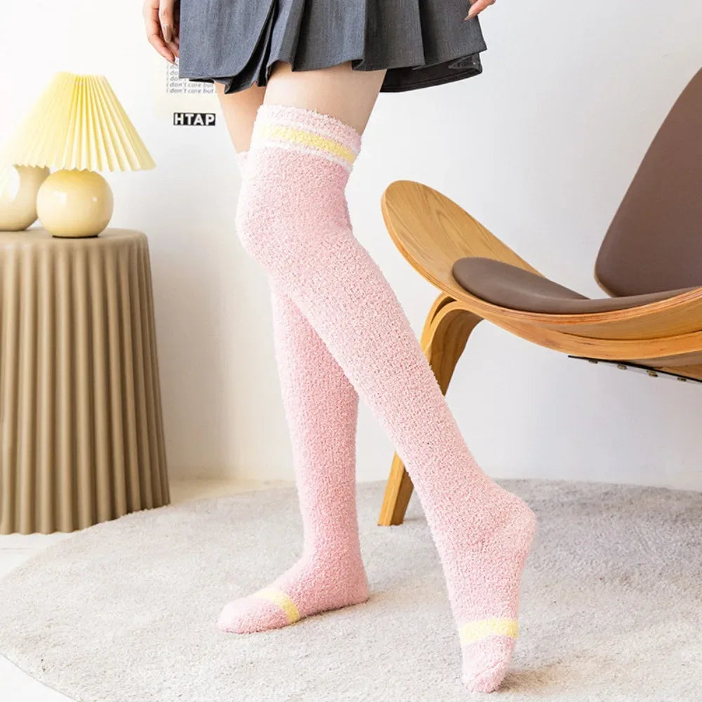 Coral Velvet Striped Thigh-High Socks (Colors) - Puppy's Aesthetics