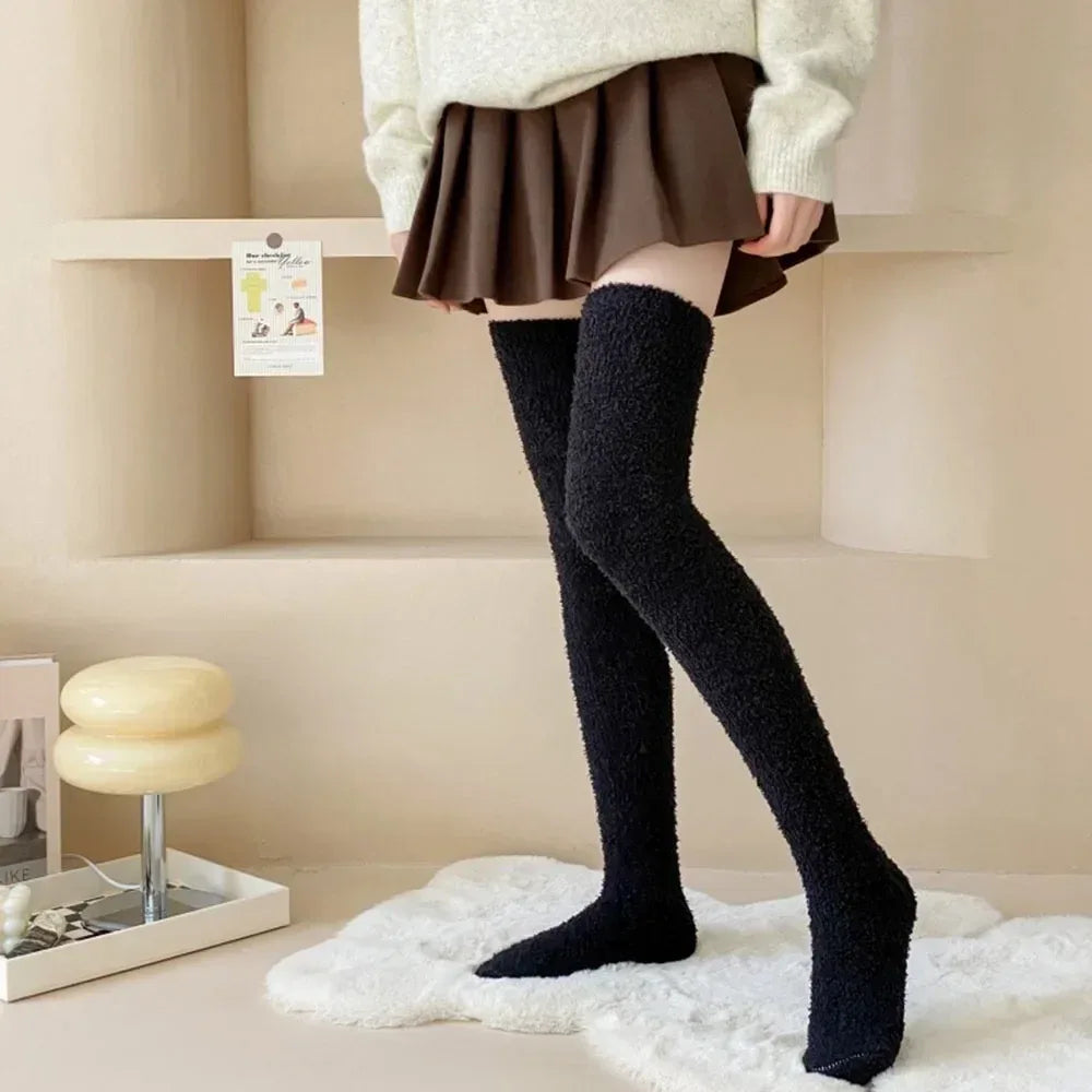 Coral Velvet Striped Thigh-High Socks (Colors) - Puppy's Aesthetics