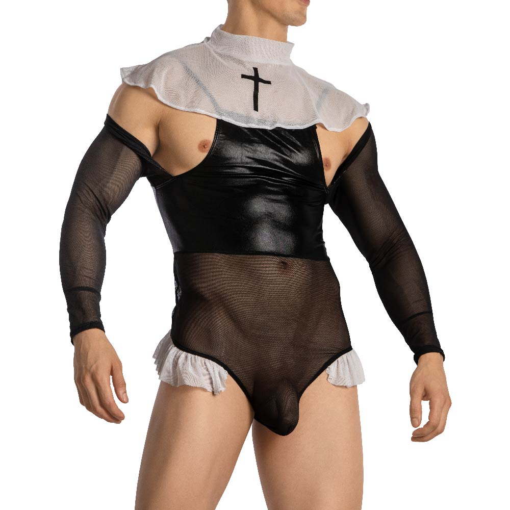 Sheer Male Sexy Nun Costume Bodysuit