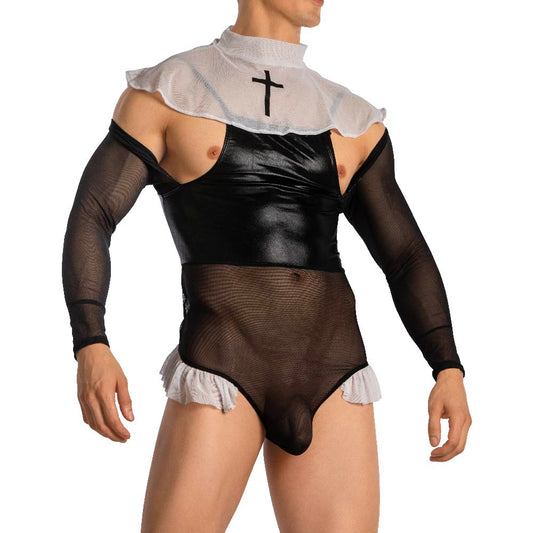 Sheer Male Sexy Nun Costume Bodysuit
