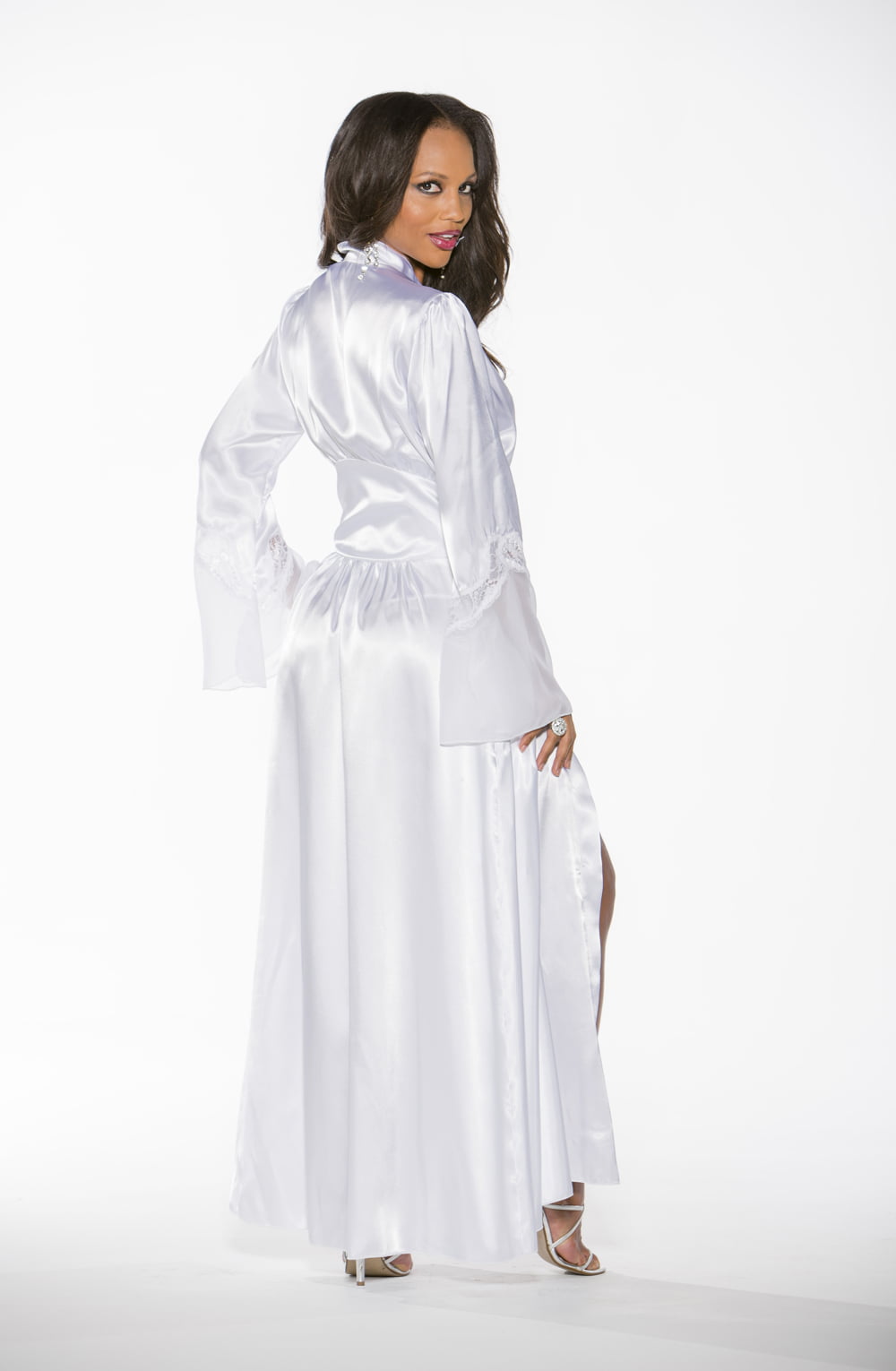 Long Lace Trimmed Robe with Ribbon Belt (White)