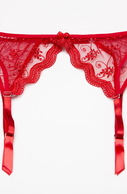 Embroidered Scalloped Garter Belt (Red)