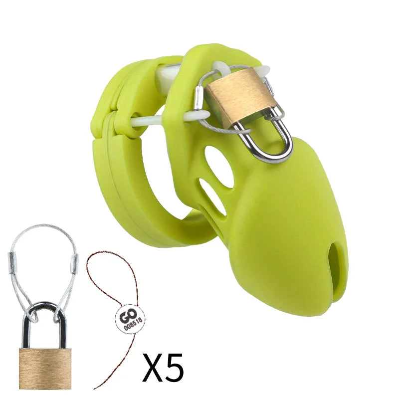 Silicone Chastity Cage Male Cock Lock with 5 Penis Rings