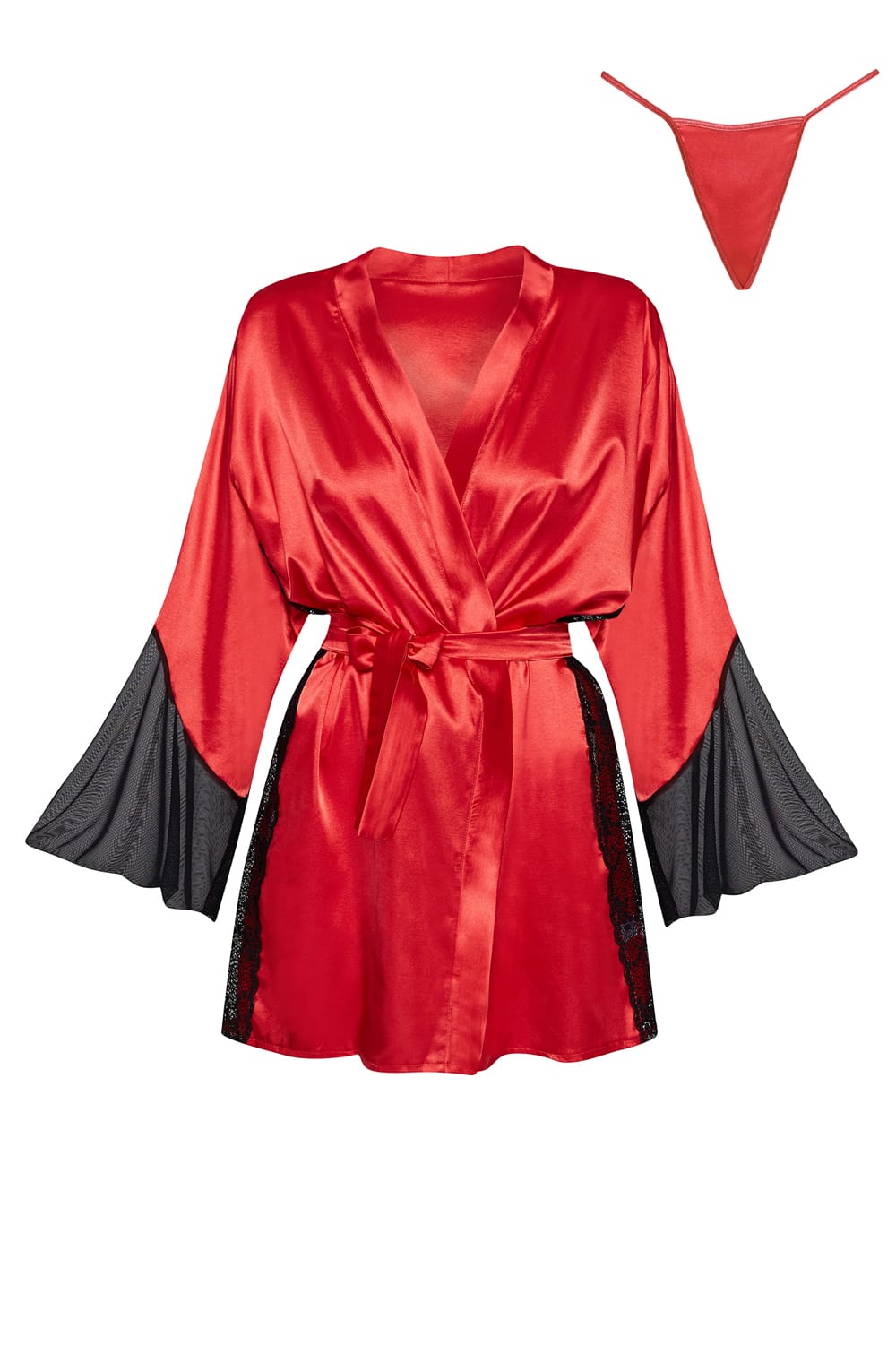 Sara Peignoir Robe with Lace and Mesh Accents (Red)