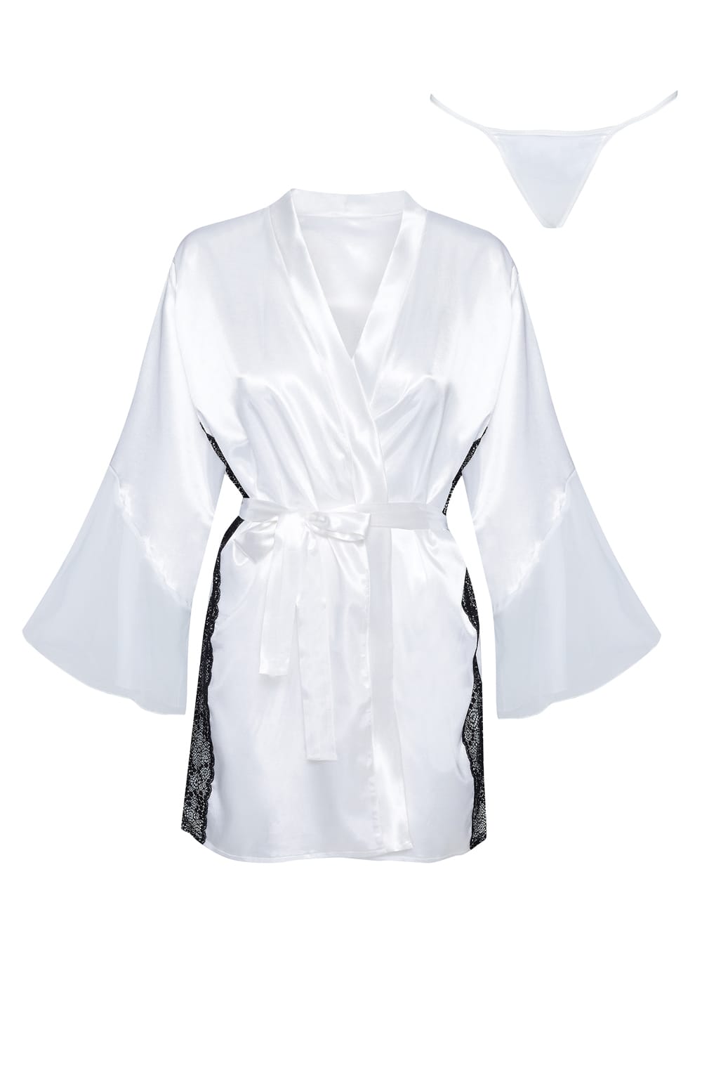 Sara Peignoir Satin Robe with Lace Accents (White)