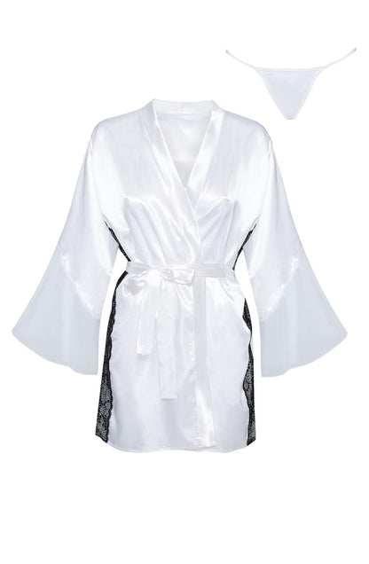 Sara Peignoir Satin Robe with Lace Accents (White)