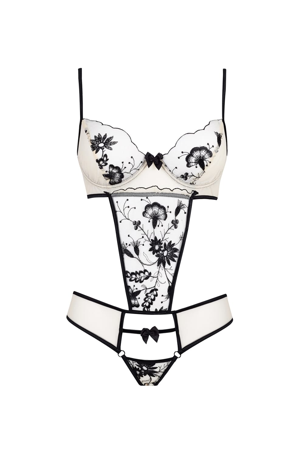 Savannah Teddy Lingerie with Embroidered Floral Accents (Beige)