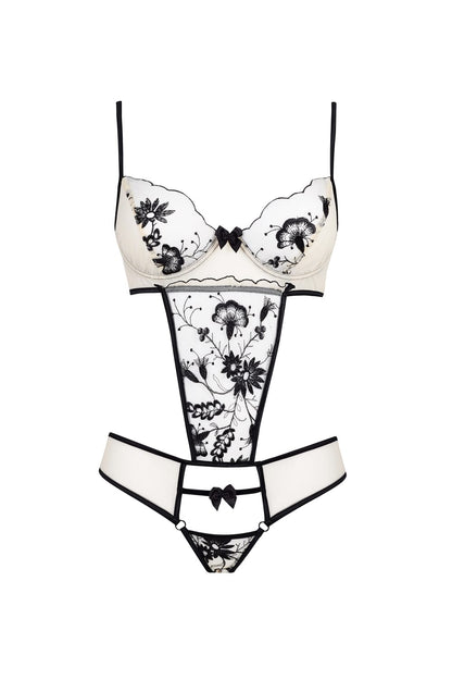Savannah Teddy Lingerie with Embroidered Floral Accents (Beige)