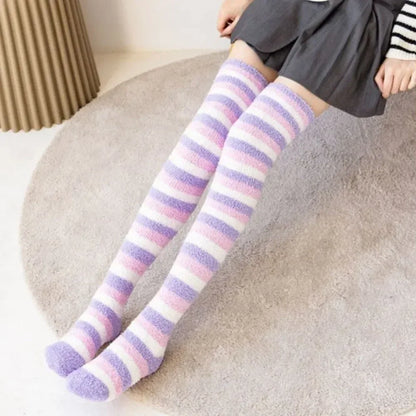 Coral Velvet Striped Thigh-High Socks (Colors) - Puppy's Aesthetics
