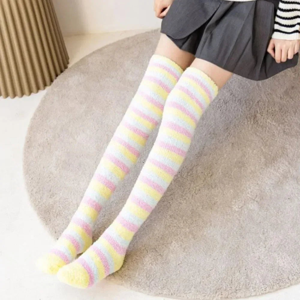 Coral Velvet Striped Thigh-High Socks (Colors) - Puppy's Aesthetics