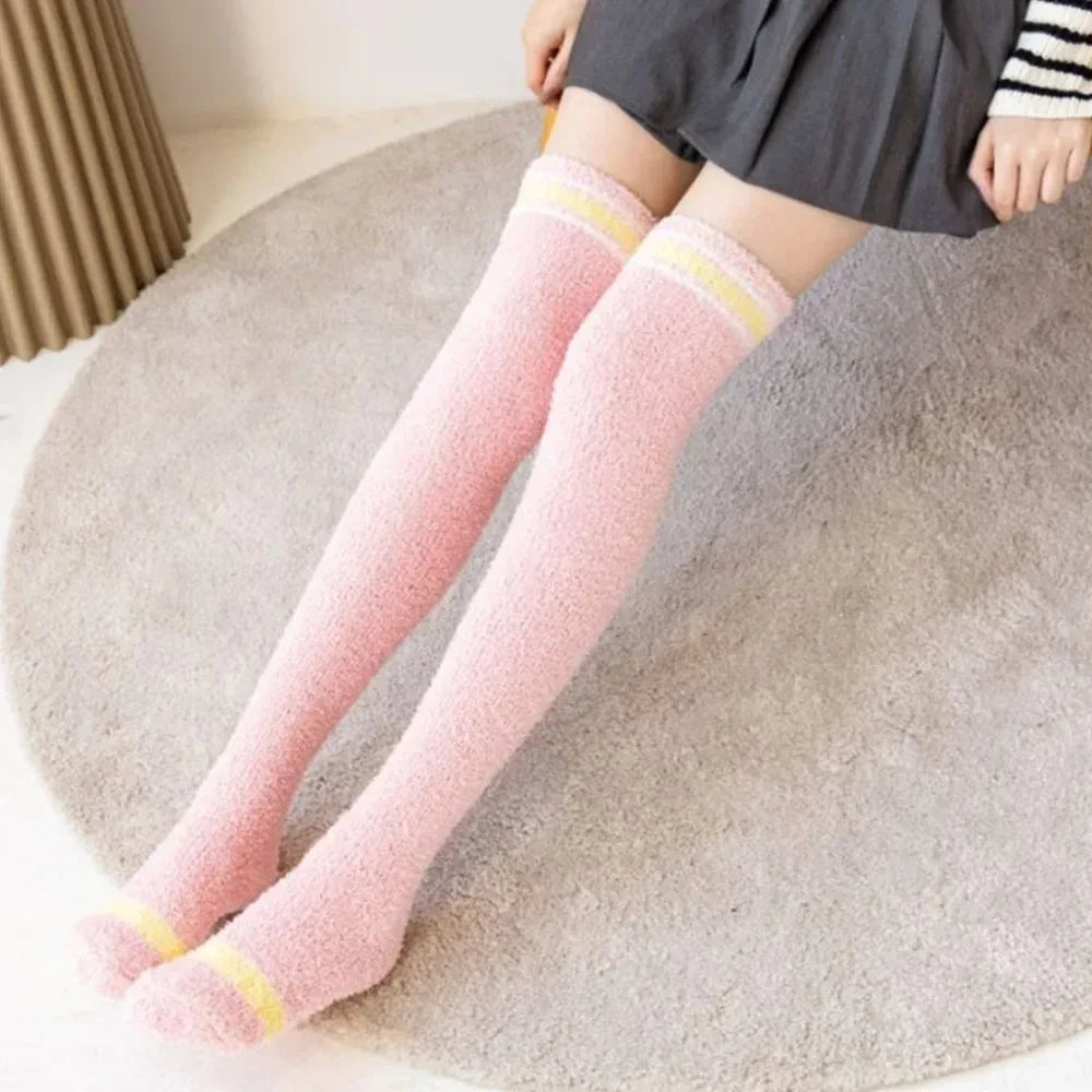 Coral Velvet Striped Thigh-High Socks (Colors) - Puppy's Aesthetics