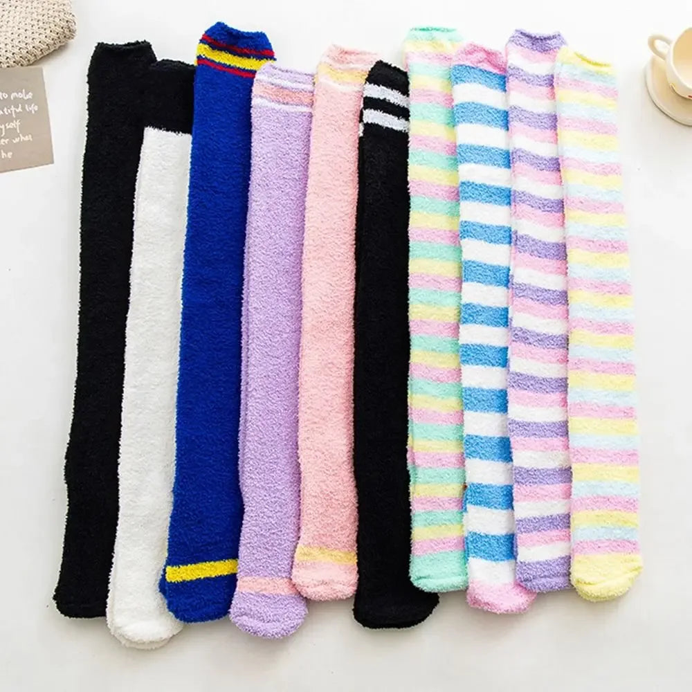 Coral Velvet Striped Thigh-High Socks (Colors) - Puppy's Aesthetics