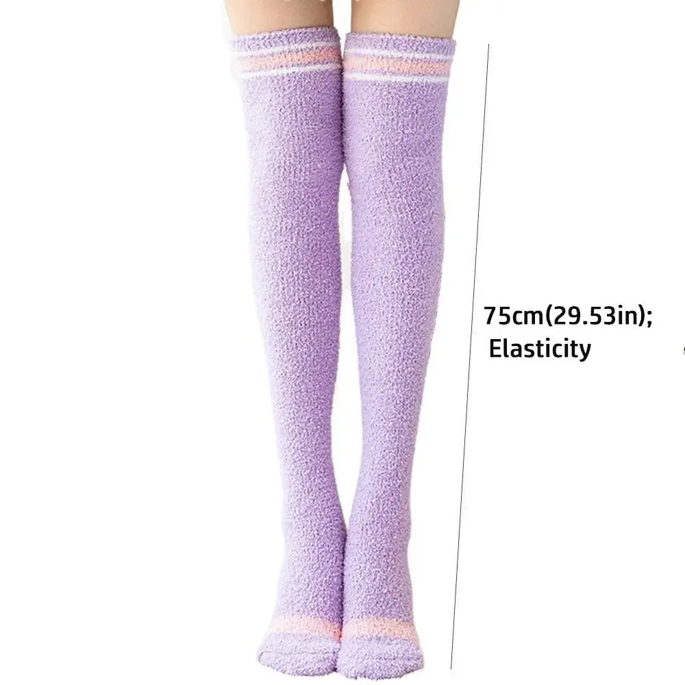Coral Velvet Striped Thigh-High Socks (Colors) - Puppy's Aesthetics
