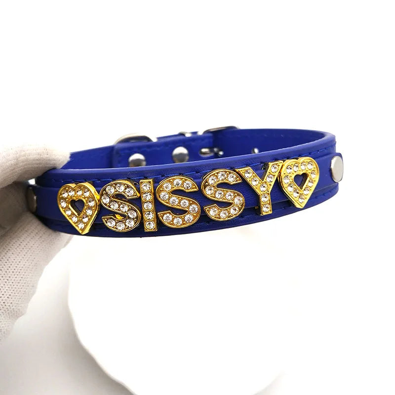 Sissy Rhinestone Blue Leather Collar
