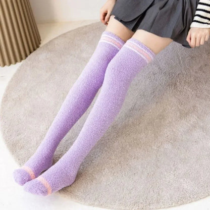 Coral Velvet Striped Thigh-High Socks (Colors) - Puppy's Aesthetics