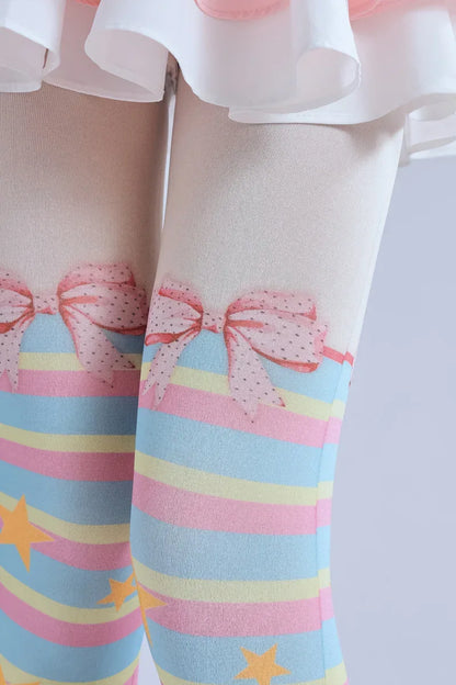 Lolita Bowknot Striped Rainbow Pantyhose - Puppy's Aesthetics