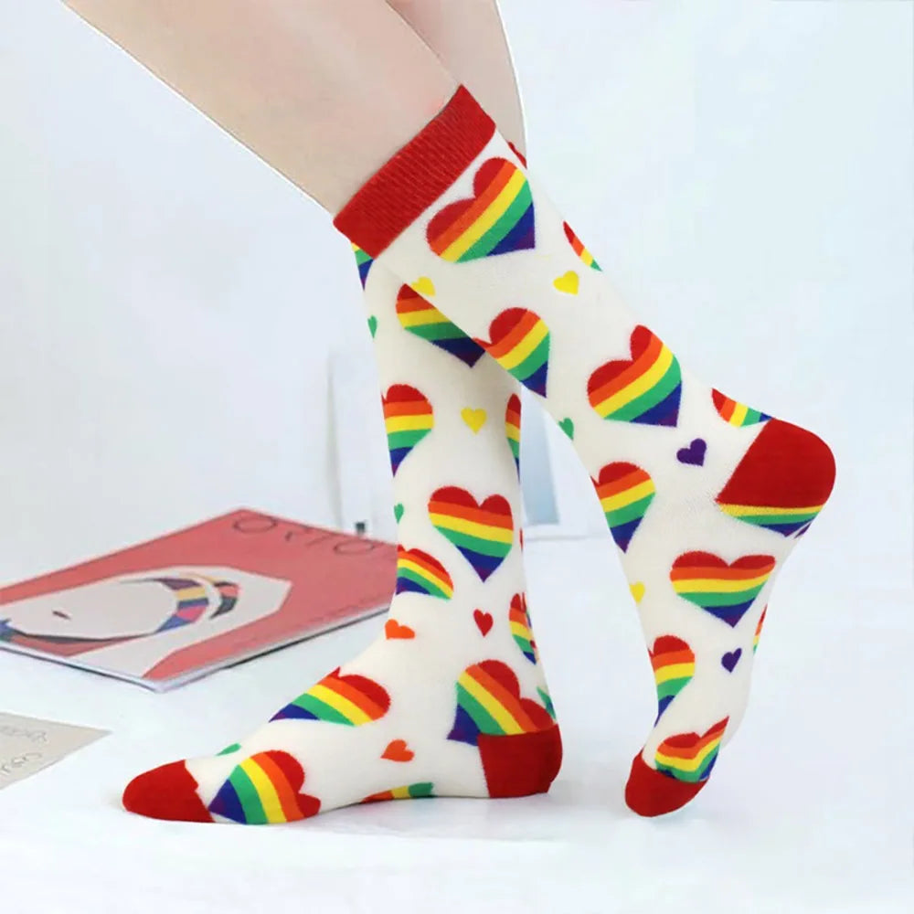 Love Rainbow Hearts Mid-Tube Socks