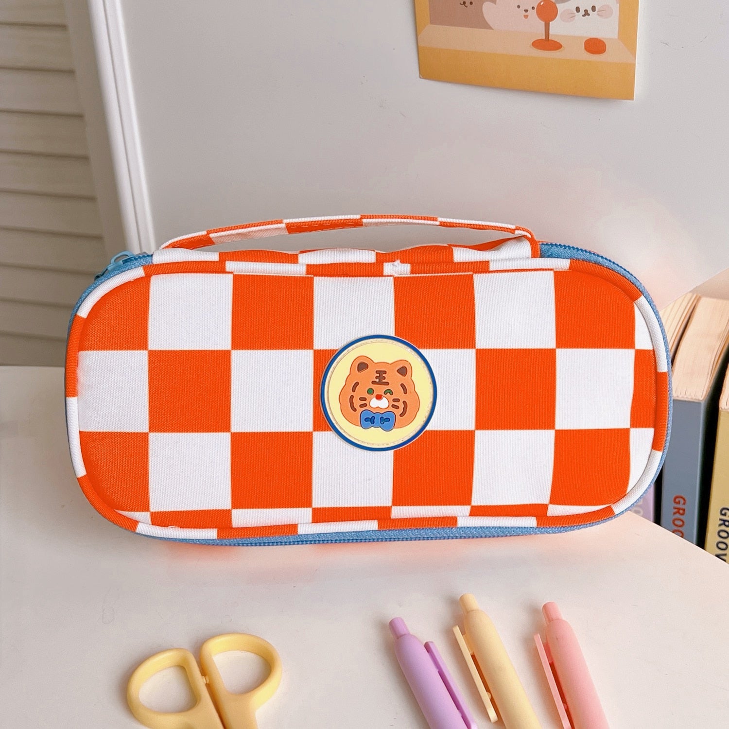 Kawaii Checkerboard Pencil Case (Colors) Orange-Portable