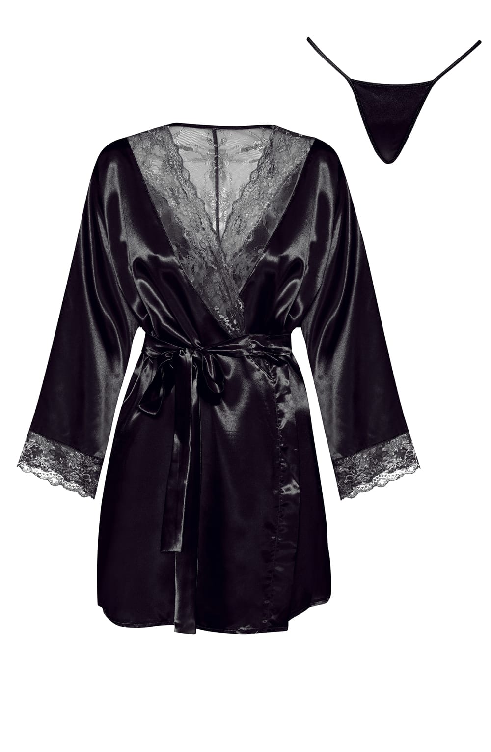 Sherie Satin Peignoir with Lace Details (Black)