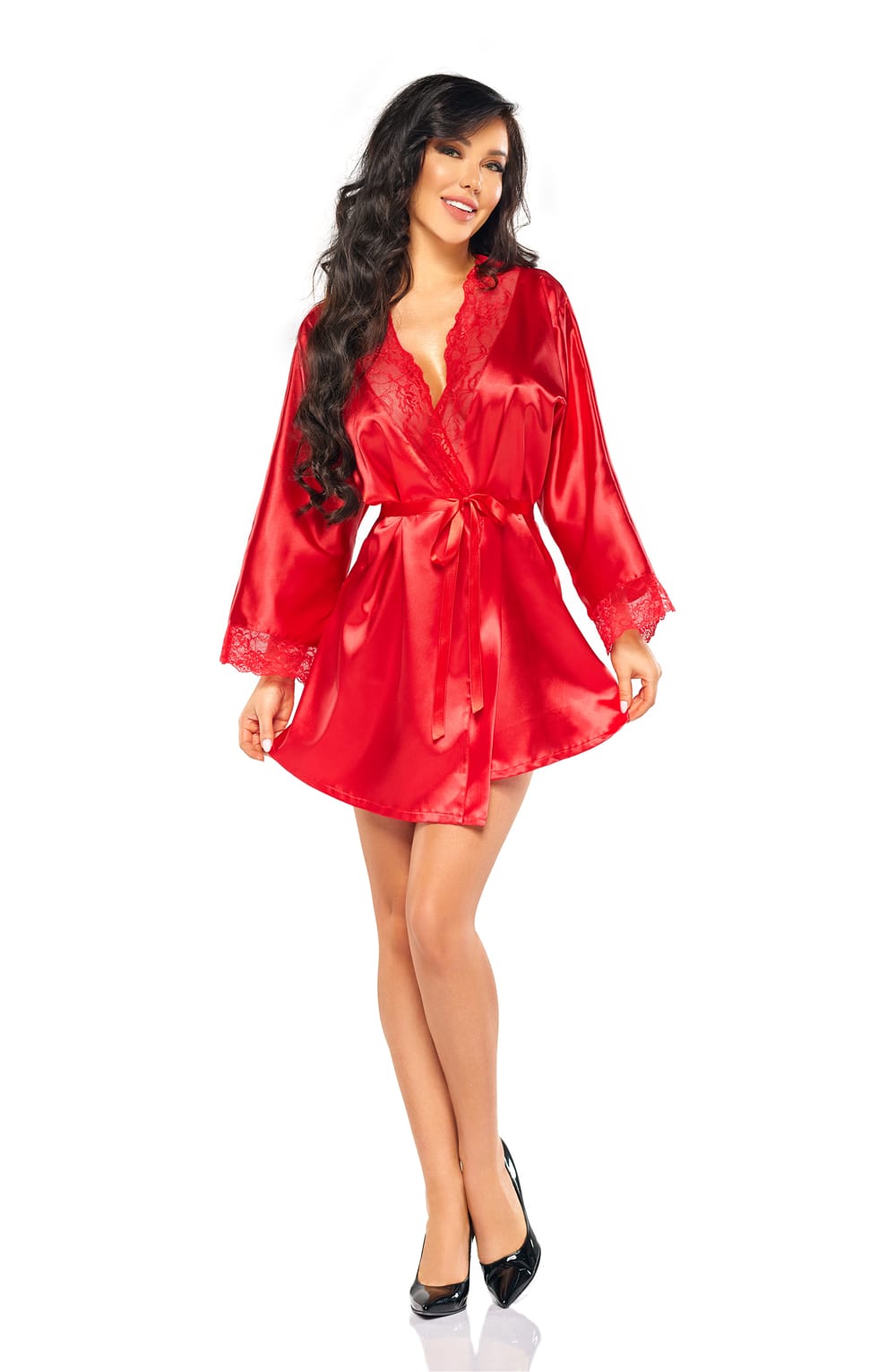 Sherie Satin Peignoir with Lace Details (Red)
