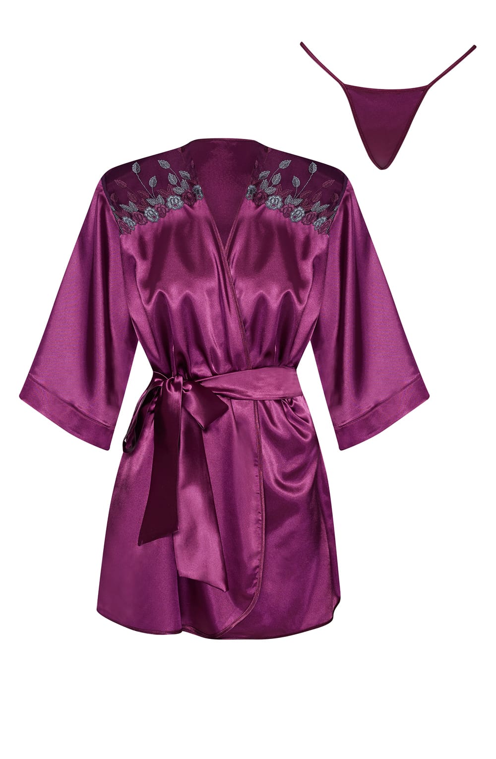 Peignoir Satin Robe with Belt and Thong (Burgundy)