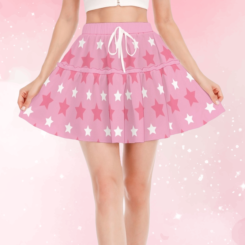 Pink Stars Ruffle Skater Mini Skirt