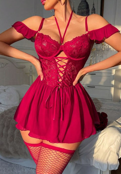 Bold Red Lace Chemise with Halter Neck
