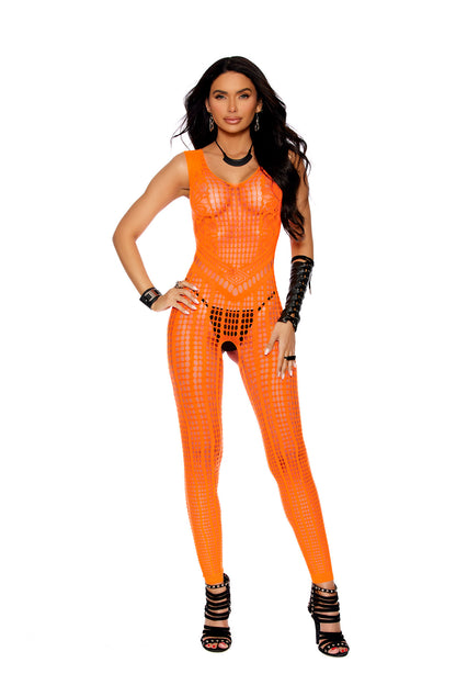 Crochet Footless Bodystocking With Open Crotch One Size Orange