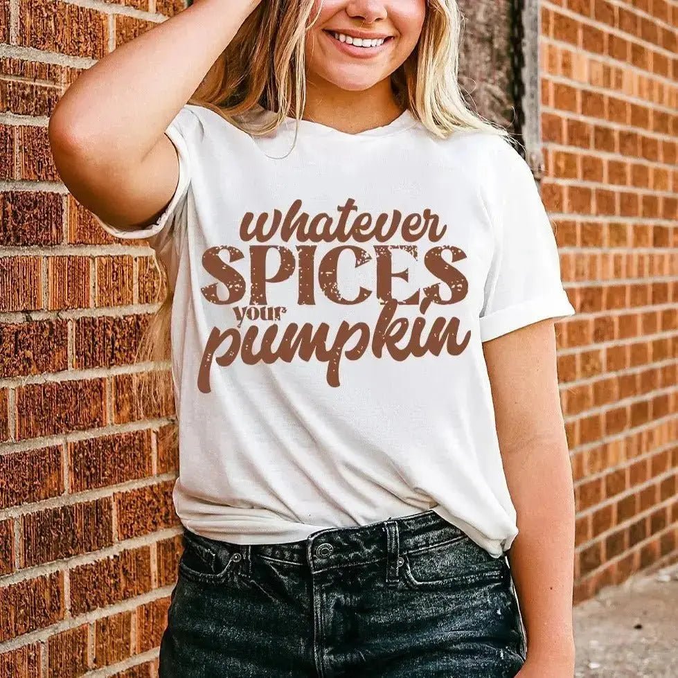 'Whatever Spices Your Pumpkin' Graphic Plus Tee Puppy's Aesthetics