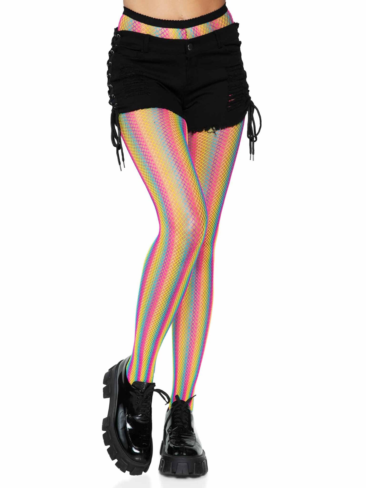 USA Only - Neon Rainbow Striped Fishnet Tights - Multicolor (One Size)