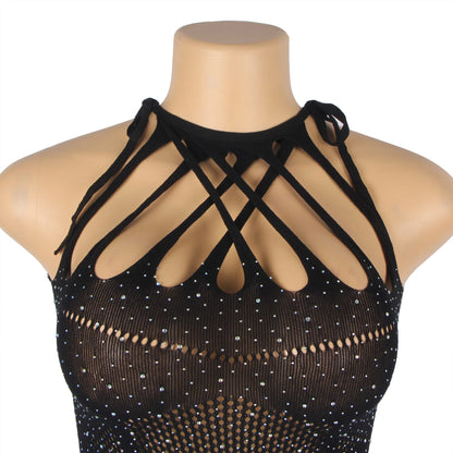 Sparkle Rhinestone Fishnet Bodysuit (Black, up to 2XL)