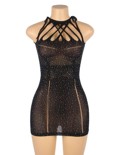Sparkle Rhinestone Fishnet Bodysuit (Black, up to 2XL)