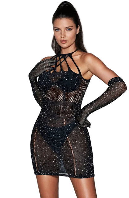Sparkle Rhinestone Fishnet Bodysuit (Black, up to 2XL)