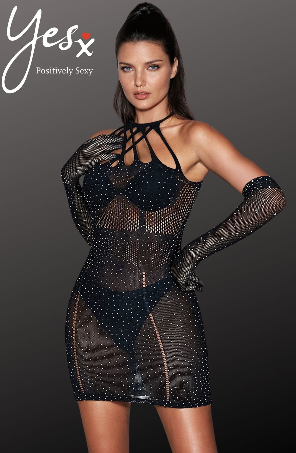 Sparkle Rhinestone Fishnet Bodysuit (Black, up to 2XL)