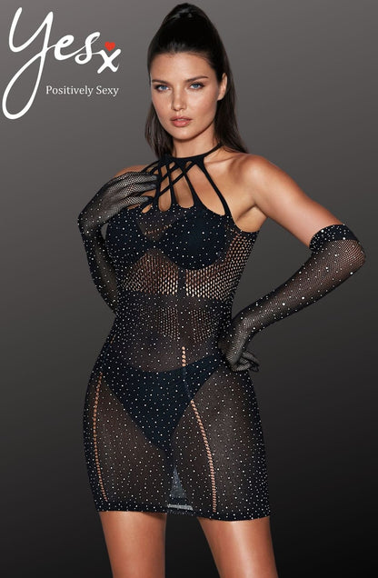 Sparkle Rhinestone Fishnet Bodysuit (Black, up to 2XL)