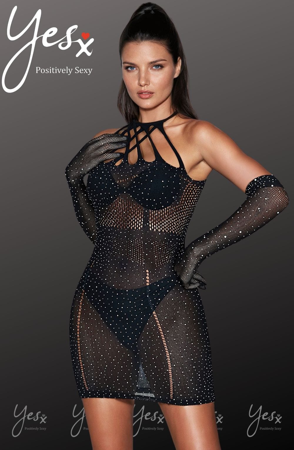 Sparkle Rhinestone Fishnet Bodysuit (Black, up to 2XL)
