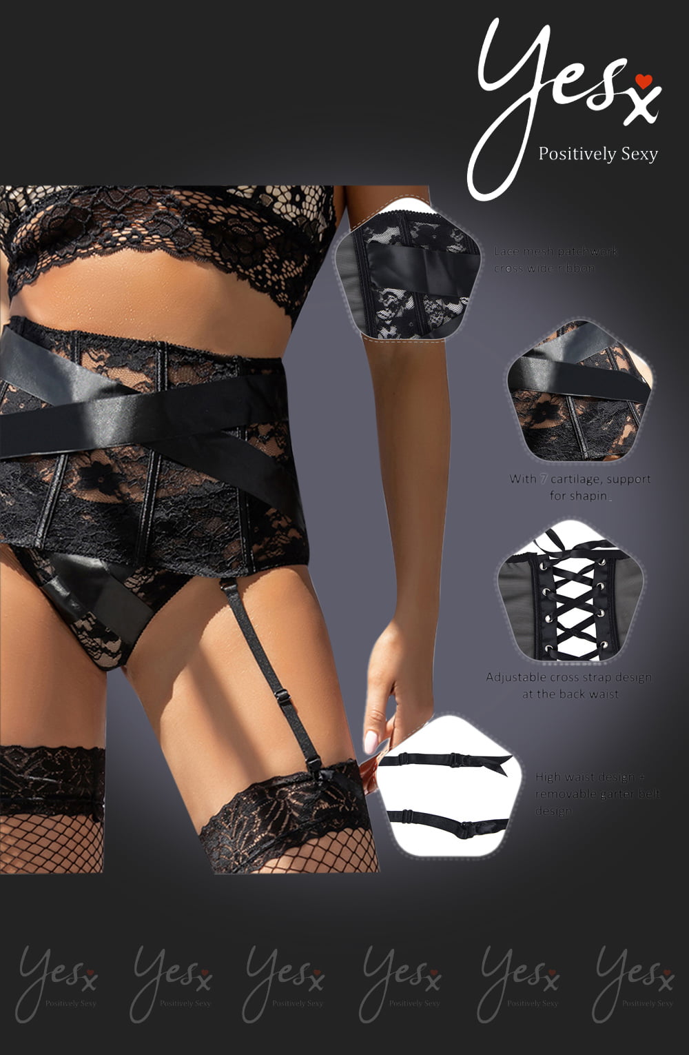 Elegant Suspender Belt and Thong Set (Black)