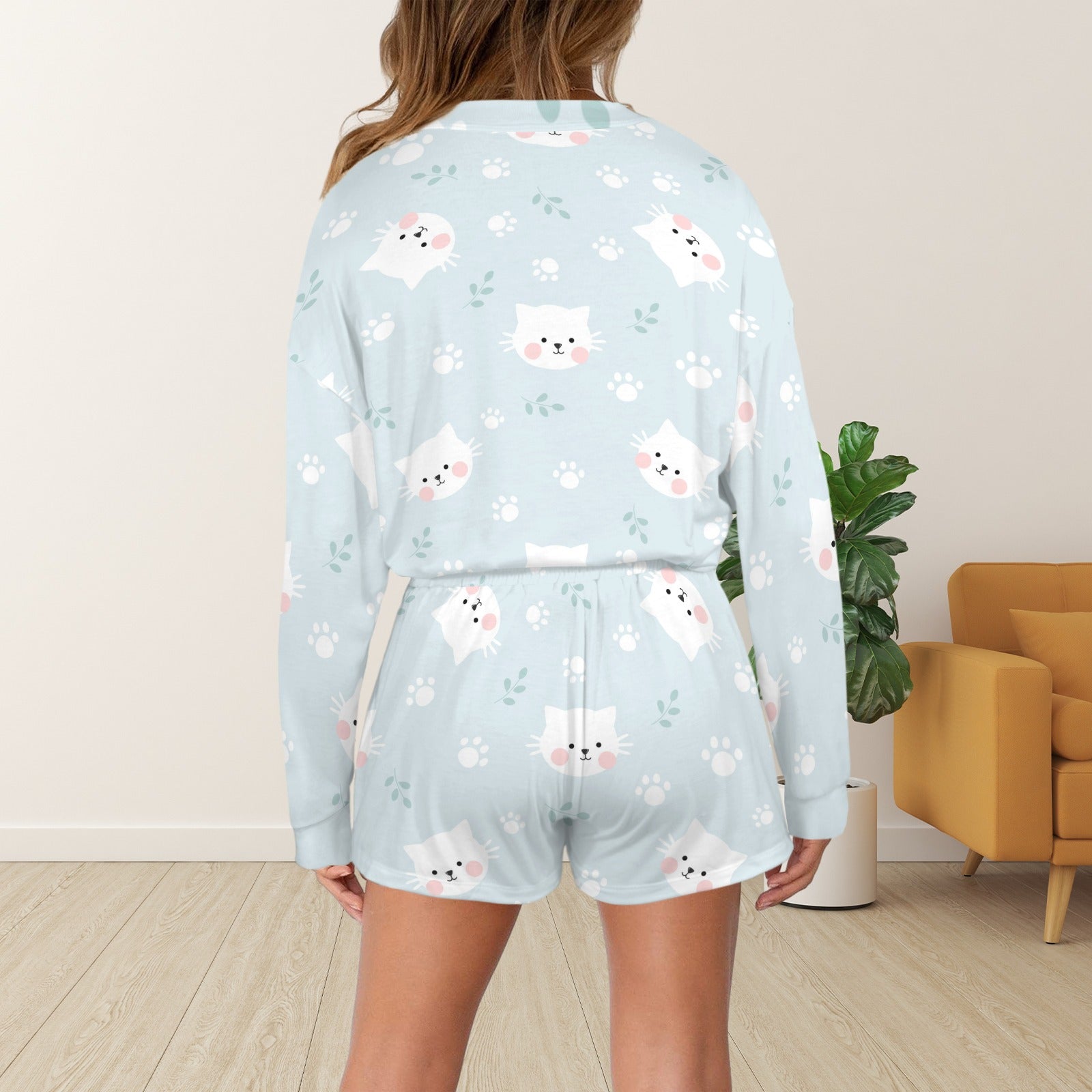 Women's Cartoon Cat Long Sleeve&Tether Shorts Pocket Pajama Sets