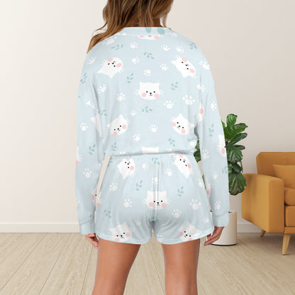 Women's Cartoon Cat Long Sleeve&Tether Shorts Pocket Pajama Sets