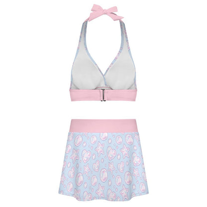 Kawaii Bubbles Halter Skirt Swimsuit Set